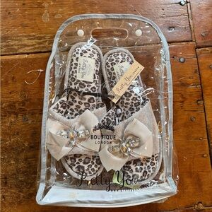 Elodie Leopard-Print Bow Slip-On Slippers with Gem Accents - Beige, Brown